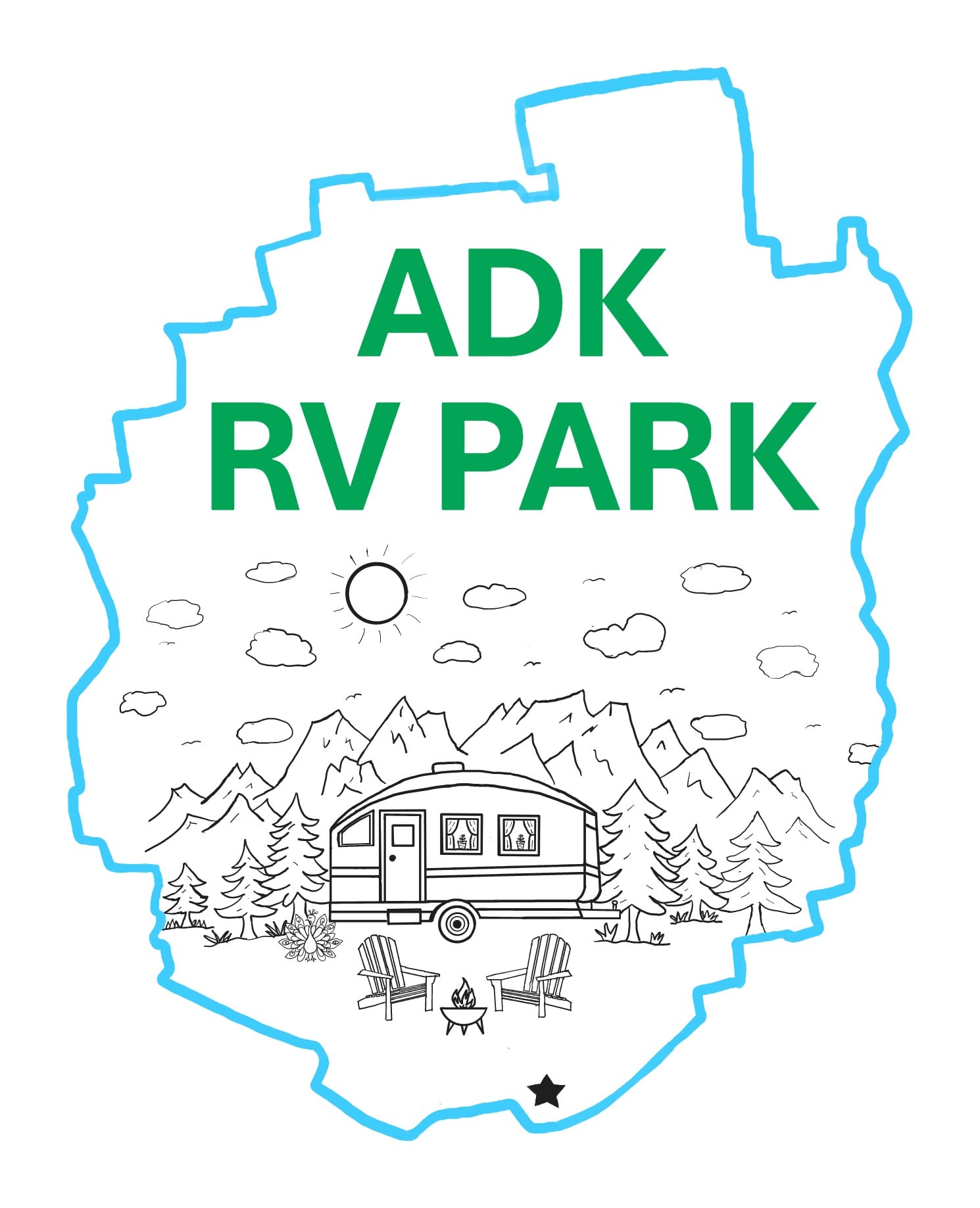 Outline map with "ADK RV PARK" text above a drawing of an RV, chairs, campfire, trees, mountains, and a sun, with a black star near the bottom.