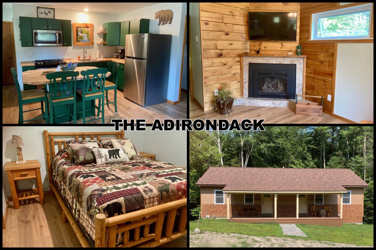 Collage of a cabin’s kitchen, living room with fireplace, rustic bedroom, and exterior view with porch, labeled “The Adirondack.”.