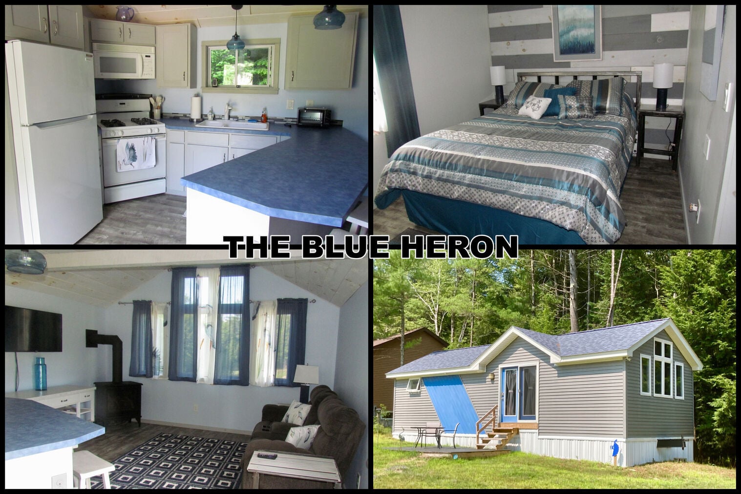 Collage of a small house exterior, kitchen, living room, and bedroom with blue and gray decor. Text “THE BLUE HERON” is centered over the images.